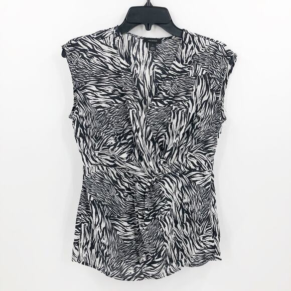 Halogen Womens Twist Front Top XS Black Ivory Splice Animal Short Sleeve NWOT - Picture 2 of 9
